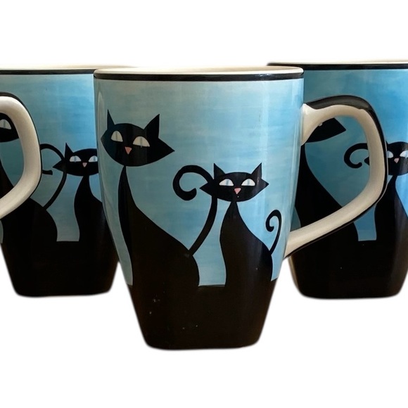 Hues N Brews Catitude Black Siamese Cats Blue Ceramic Tea Coffee Lot of 6 - Picture 1 of 7